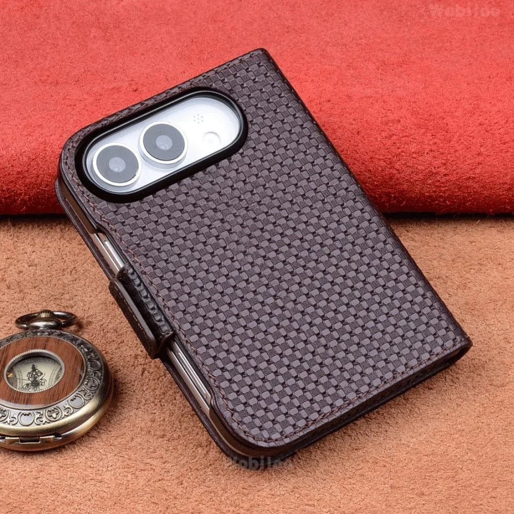 Premium Cowhide Leather Hand-sewn Flip Case for iPhone Duo Business Full Cover