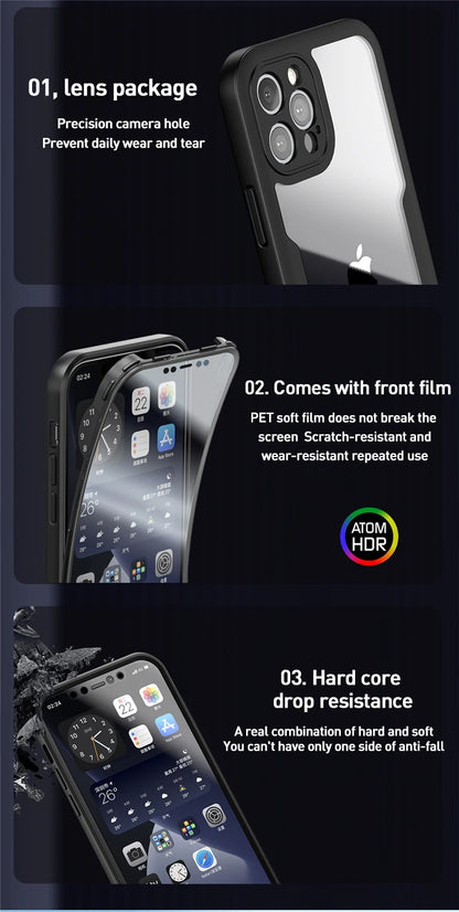 Luxury 360 Full Body Front+Back Clear Case For iPhone 15 14 13 11 12 Pro Max XS X XR 7 8 Plus Silicone Bumper Shockproof Cover