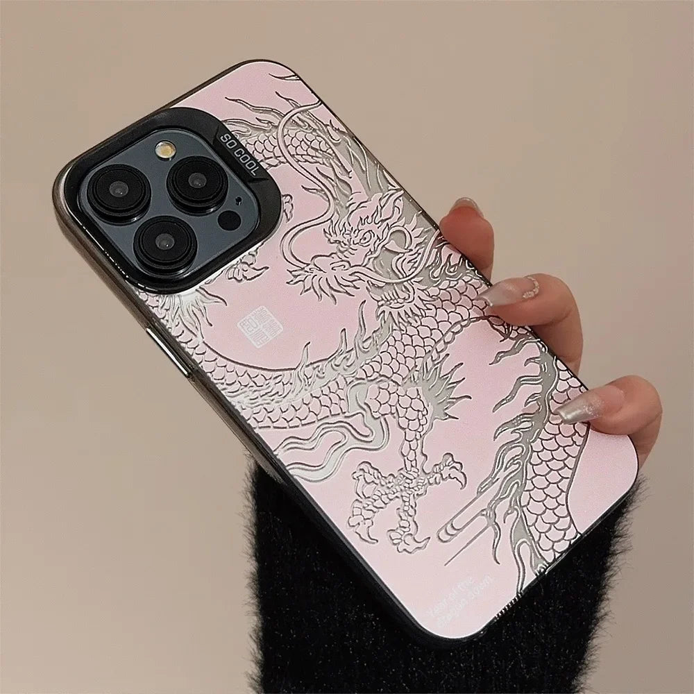 INS Laser Phone Case for iPhone 16 15 14 13 12 11 Pro Max Luxury Chinese Dragon Hard Matte Protective Shockproof Cover Fundas