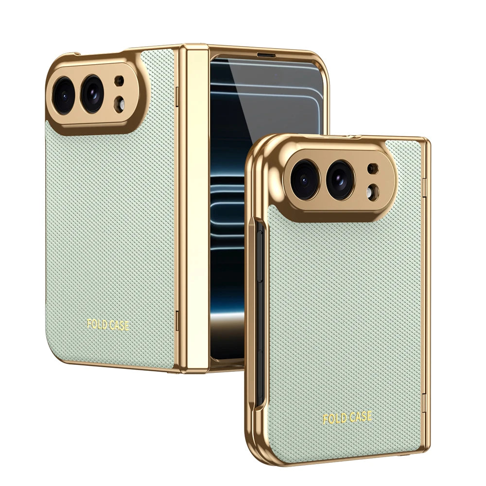 KEYSION Luxuxy PU Leather Fold Phone Case for iPhone Ultra Duo Plating PC Shockproof Back Cover With Hinge+HD Screen Protector