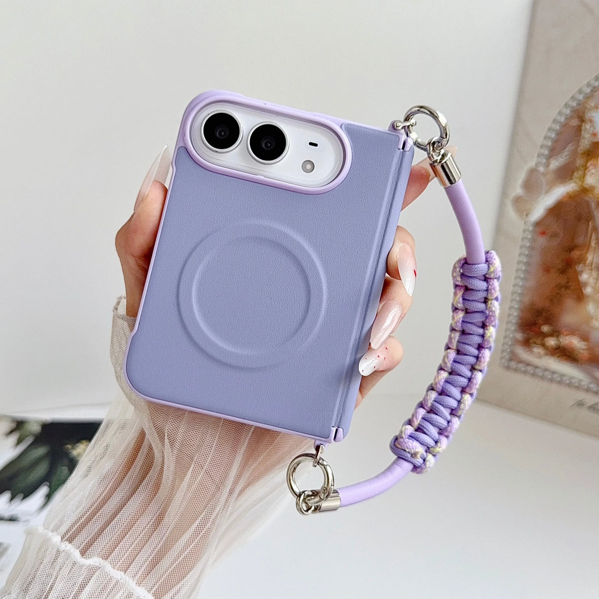 Fashion Macaron Candy Color Lychee Leather Texture Case for iPhone Duo 18 Fold for Magsafe Hand Braided Wriststrap Protect Cover