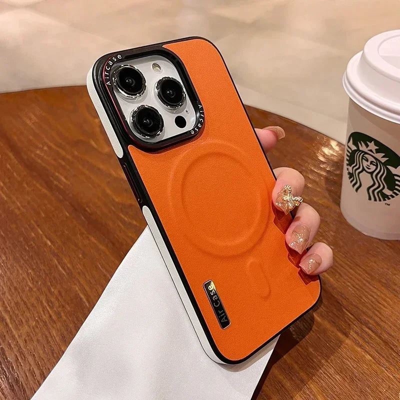 Business Double Color Leather Magnetic Case for iPhone 17 Pro 12 15 13 14 16 17 Pro Max For Magsafe matte Soft Shockproof Cover