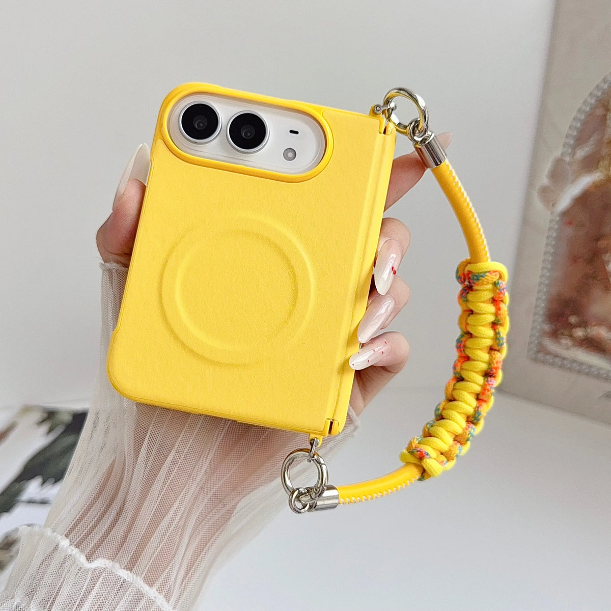 Fashion Macaron Candy Color Lychee Leather Texture Case for iPhone Duo 18 Fold for Magsafe Hand Braided Wriststrap Protect Cover