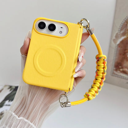 Fashion Macaron Candy Color Lychee Leather Texture Case for iPhone Duo 18 Fold for Magsafe Hand Braided Wriststrap Protect Cover