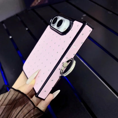 For iPhone Duo duo Fold Case Luxury Bling Diamond Grid Pattern Rotatable Ring Bracket Cases Hinge Protection Shockproof Cover