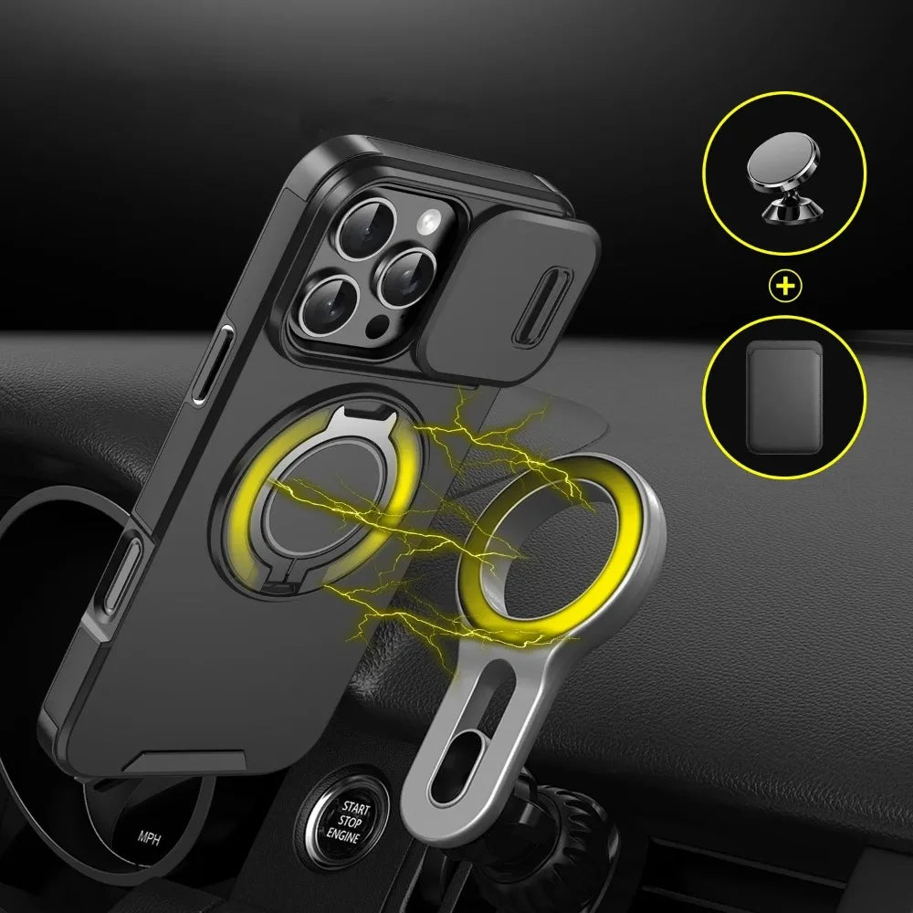 Heavy-Duty Rugged Armor Magnetic Bracket Phone Case For iPhone 17 16 Plus 15 14 13 12 11 Pro Max Slide Camera Protection Cover
