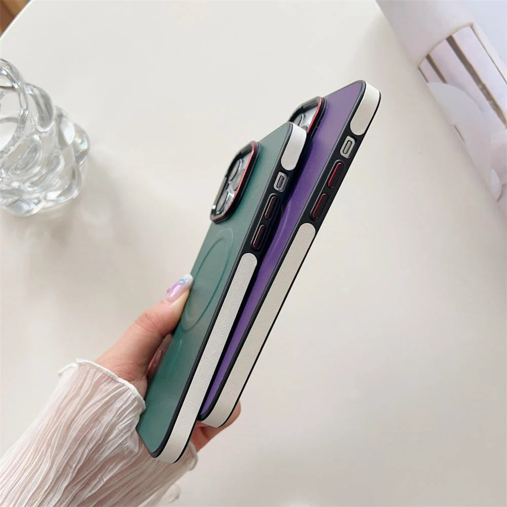 For iPhone 16 15 Pro Max Luxury Magsafe Magnetic Color Matte Leather Frame Phone Case For iPhone 12 13 14 17 Air Back Cover