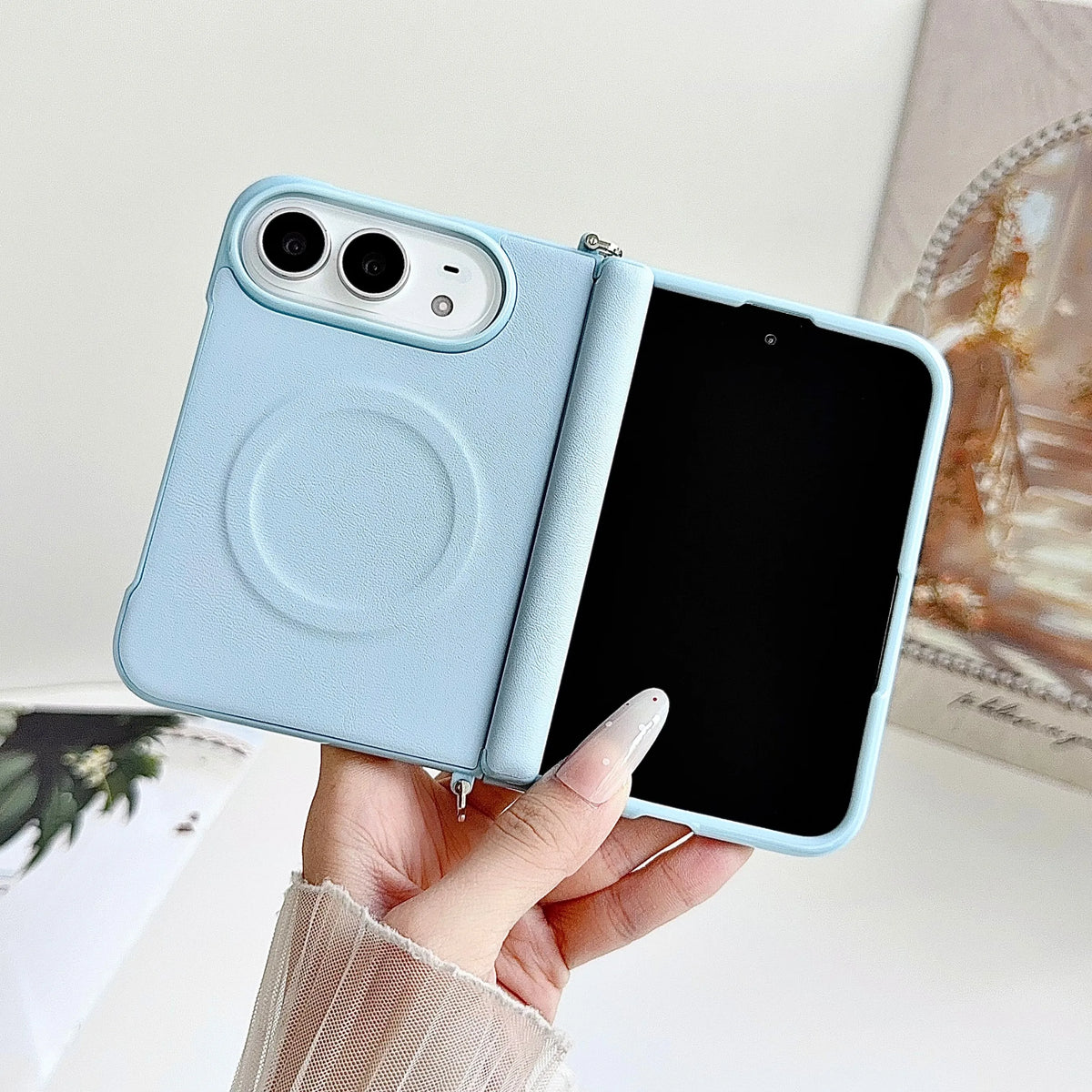 Fashion Macaron Candy Color Lychee Leather Texture Case for iPhone Duo 18 Fold for Magsafe Hand Braided Wriststrap Protect Cover