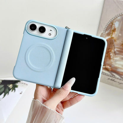 Fashion Macaron Candy Color Lychee Leather Texture Case for iPhone Duo 18 Fold for Magsafe Hand Braided Wriststrap Protect Cover