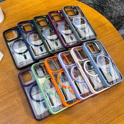 Luxury Magnetic Shockproof Phone Case For iPhone 15 14 13 12 16 17 Pro Max Plus Air 11 Funda Stand Glass Lens Protection Cover
