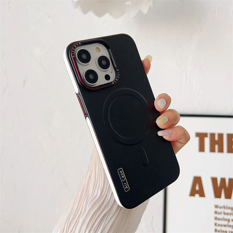 Plain Leather Magnetic MagSafe Wireless Charge Phone Case for iPhone 15 16 Pro Max 14 13 12 11 Pro Shockproof Soft Bumper Cover