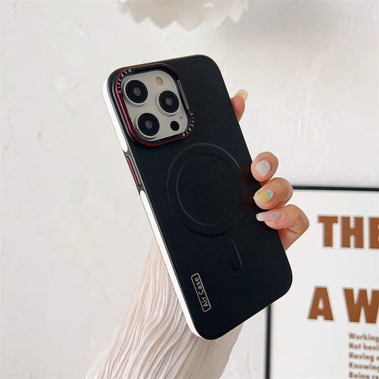 Handyhülle aus schlichtem Leder mit magnetischer MagSafe Wireless-Ladefunktion für iPhone 15 16 Pro Max 14 13 12 11 Pro Stoßfeste Soft Bumper Abdeckung