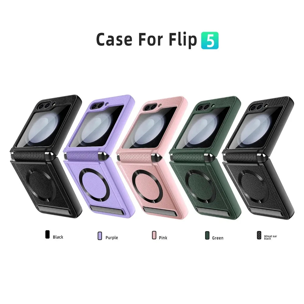 Magsafe Magnetic Kickstand Hinge Protection Phone Case with Screen Protector for Samsung Z Flip 7 FE 6 5 5G PU Leather Cover