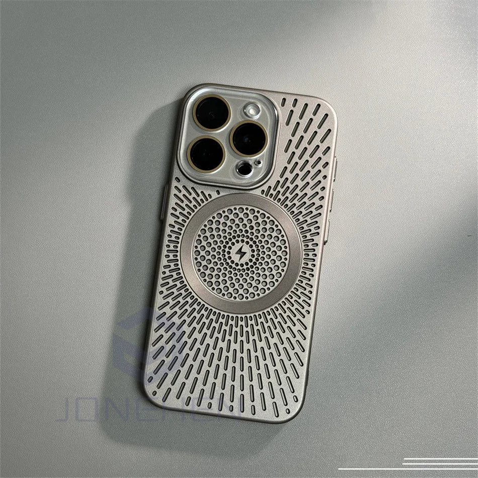 Luxury Heat Dissipation Hollow For Magsafe Case For iPhone 15 14 13 12 16 Pro Max Titanium Magnetic Wireless Charge Hard Cover