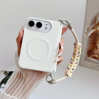 Fashion Macaron Candy Color Lychee Leather Texture Case for iPhone Duo 18 Fold for Magsafe Hand Braided Wriststrap Protect Cover