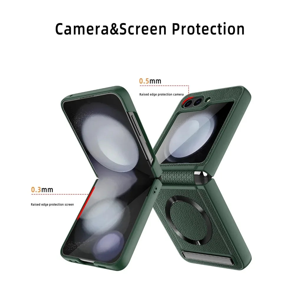 Magsafe Magnetic Kickstand Hinge Protection Phone Case with Screen Protector for Samsung Z Flip 7 FE 6 5 5G PU Leather Cover