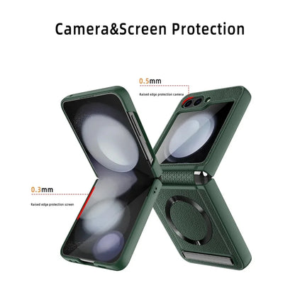 Magsafe Magnetic Kickstand Hinge Protection Phone Case with Screen Protector for Samsung Z Flip 7 FE 6 5 5G PU Leather Cover