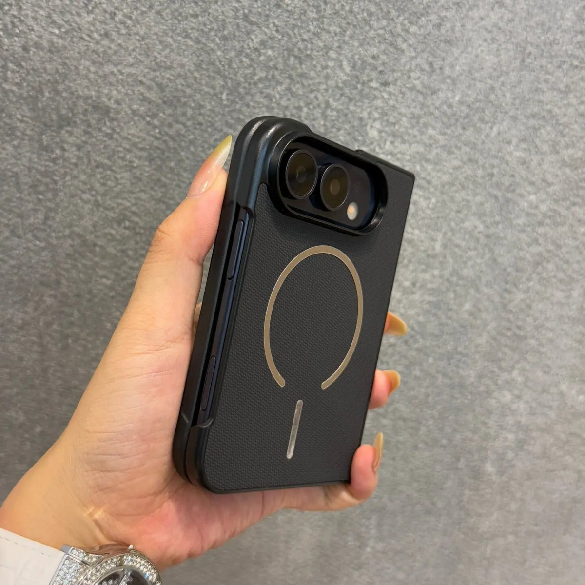 For iPhone Duo Case Business Technique PU Leather for Magsafe Case for iPhone Duo Fold Magnetic Wireless Charging PC Cover