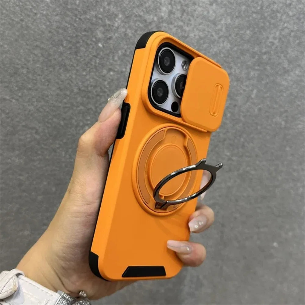 Heavy-Duty Rugged Armor Magnetic Bracket Phone Case For iPhone 17 16 Plus 15 14 13 12 11 Pro Max Slide Camera Protection Cover