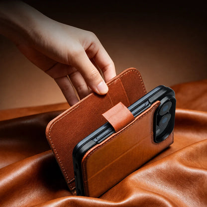 For iPhone Duo 100% Genuine Leather Wallet Case with Magnetic Closure, Stand, Card Slots, Shockproof Anti-Slip Protective Cover