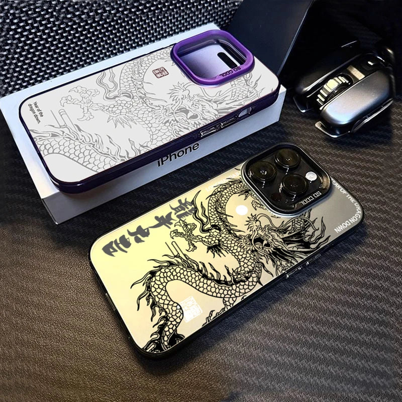 Luxury Dragon Totem Anti-drop Armour Case For iPhone 16 15 Pro Max 15 14 13 12 11 Pro XR XS 7 8 Plus Lens protect plating Cover
