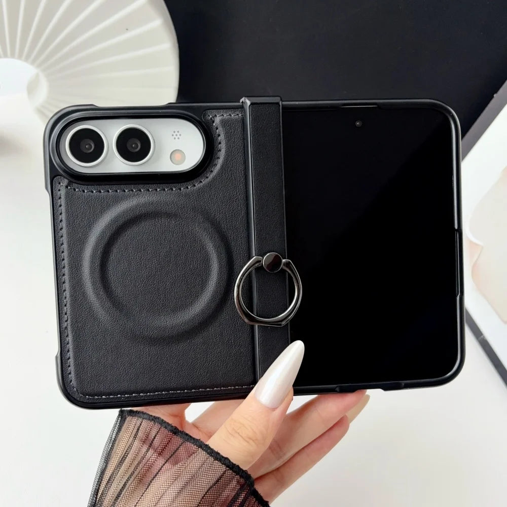 Retro PU Leather Ring Holder Bracket For Magsafe Magnetic Case For iPhone Duo duo Fold Hinge Protection Shockproof Back Cover