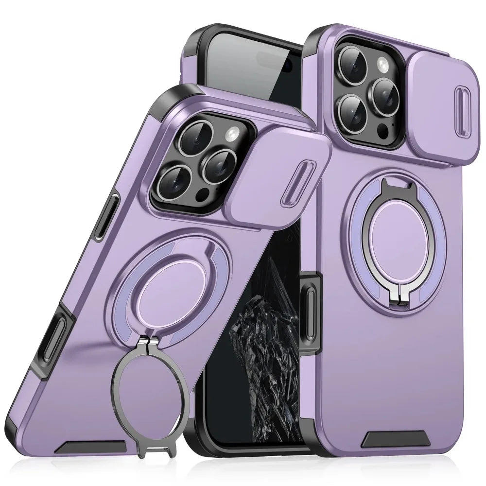 Heavy-Duty Rugged Armor Magnetic Bracket Phone Case For iPhone 17 16 Plus 15 14 13 12 11 Pro Max Slide Camera Protection Cover
