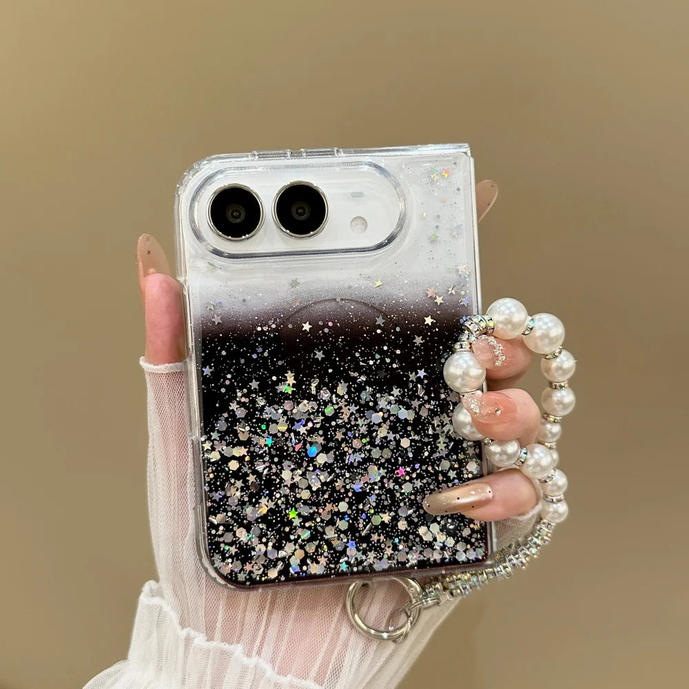 Luxury Gradient Glitter Sequins Pearl Wristband Bracelet For Magsafe Case For iPhone Duo Clear Wireless Charge Shockproof Cover