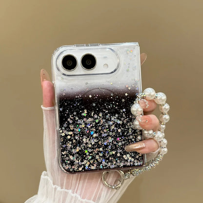 Luxury Gradient Glitter Sequins Pearl Wristband Bracelet For Magsafe Case For iPhone Duo Clear Wireless Charge Shockproof Cover