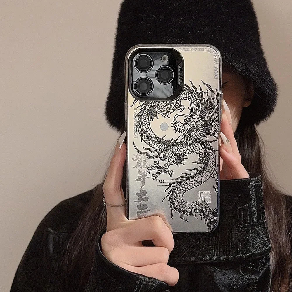 INS Laser Phone Case for iPhone 16 15 14 13 12 11 Pro Max Luxury Chinese Dragon Hard Matte Protective Shockproof Cover Fundas