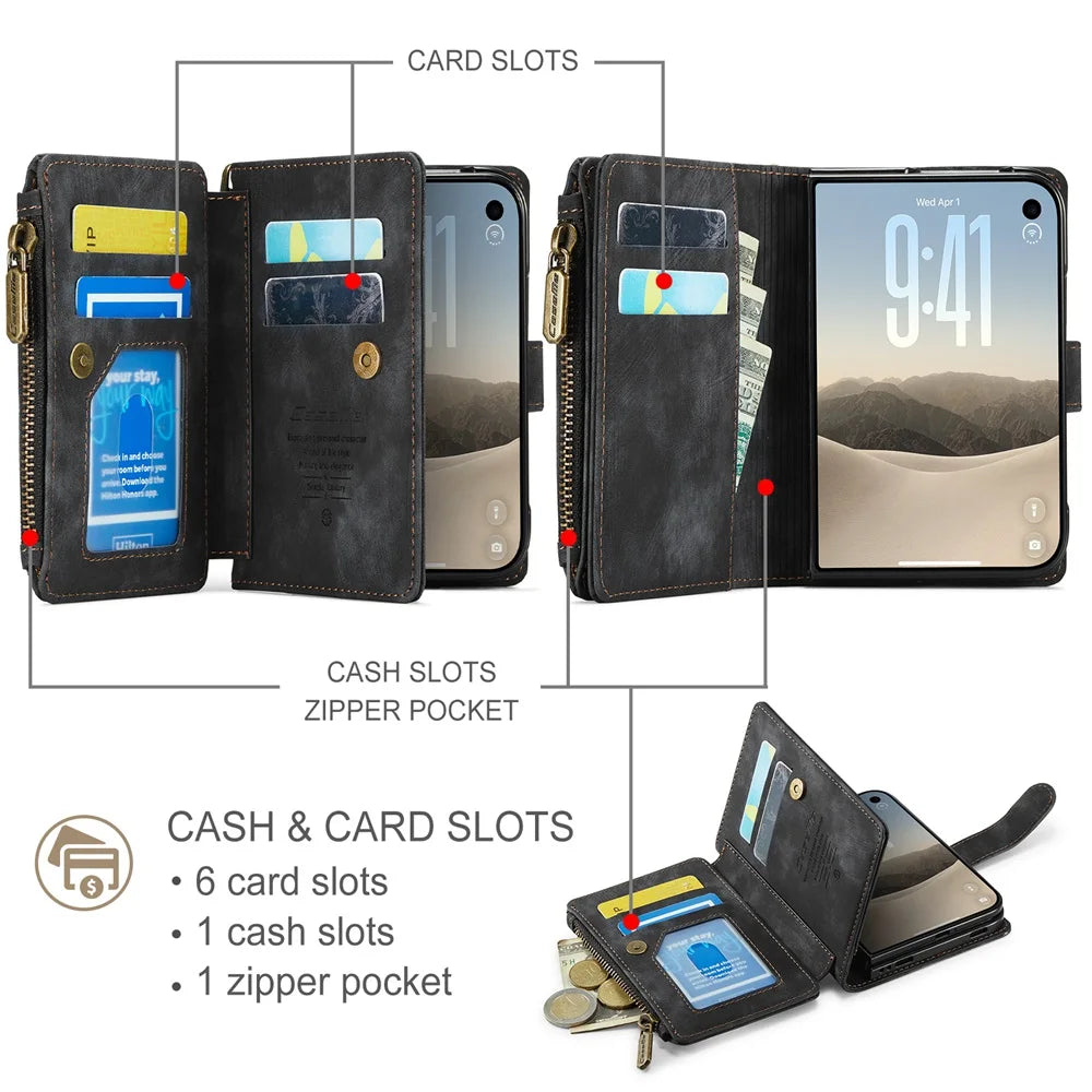 iPhone Duo Phone Case, Built-in Card Holder Wallet Phone Leather Stand Case for iPhone Duo Wristlet Strap