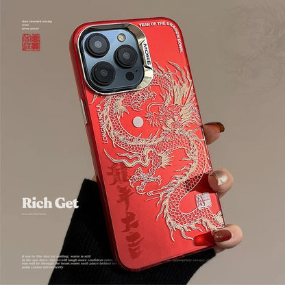INS Laser Phone Case for iPhone 16 15 14 13 12 11 Pro Max Luxury Chinese Dragon Hard Matte Protective Shockproof Cover Fundas