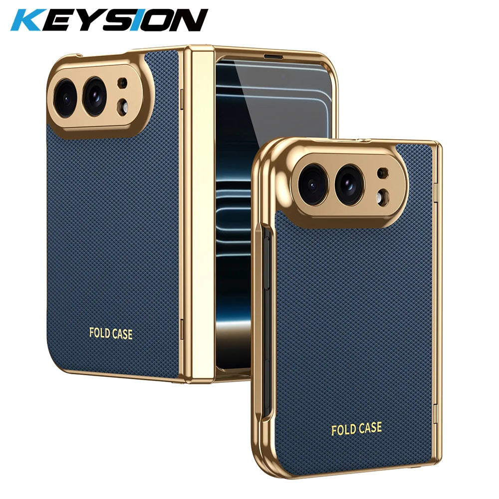KEYSION Luxuxy PU Leather Fold Phone Case for iPhone Ultra Duo Plating PC Shockproof Back Cover With Hinge+HD Screen Protector