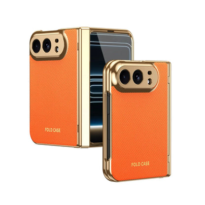 Luxury Leather Electroplated Frame Hinge Protection Phone Case for IPhone Duo 18 Fold Screen Protect Film Shockproof Cover