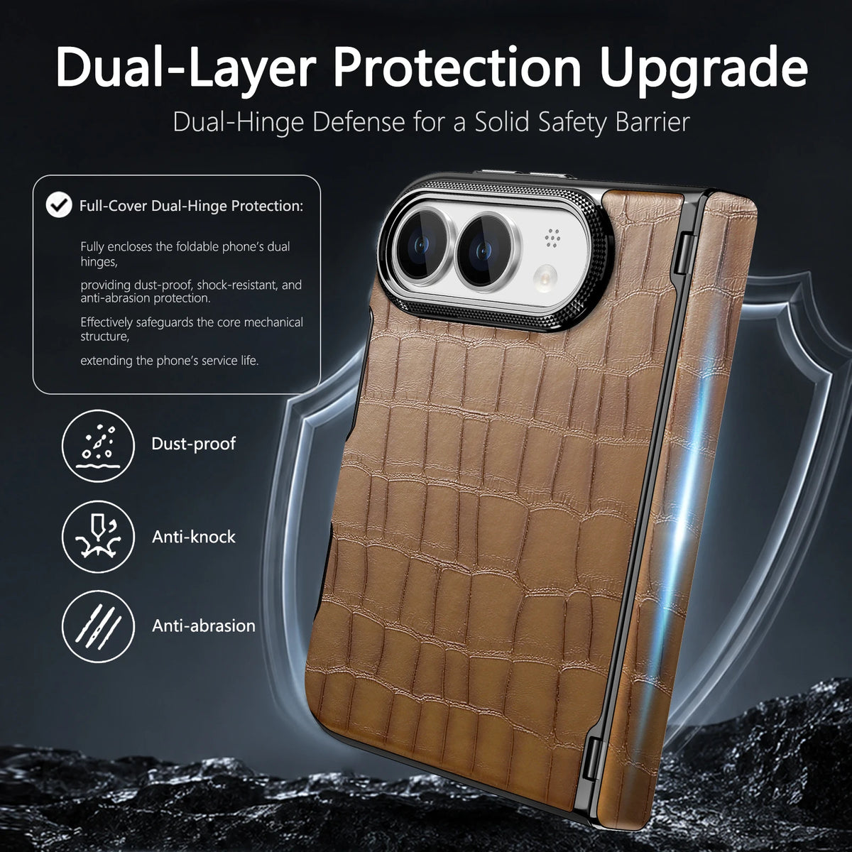 Luxury Crocodile Pattern Leather Case‌ for iPhone Ultra 18 Fold Shockproof Lens Protrusion Central Axis Protection Slim Cover