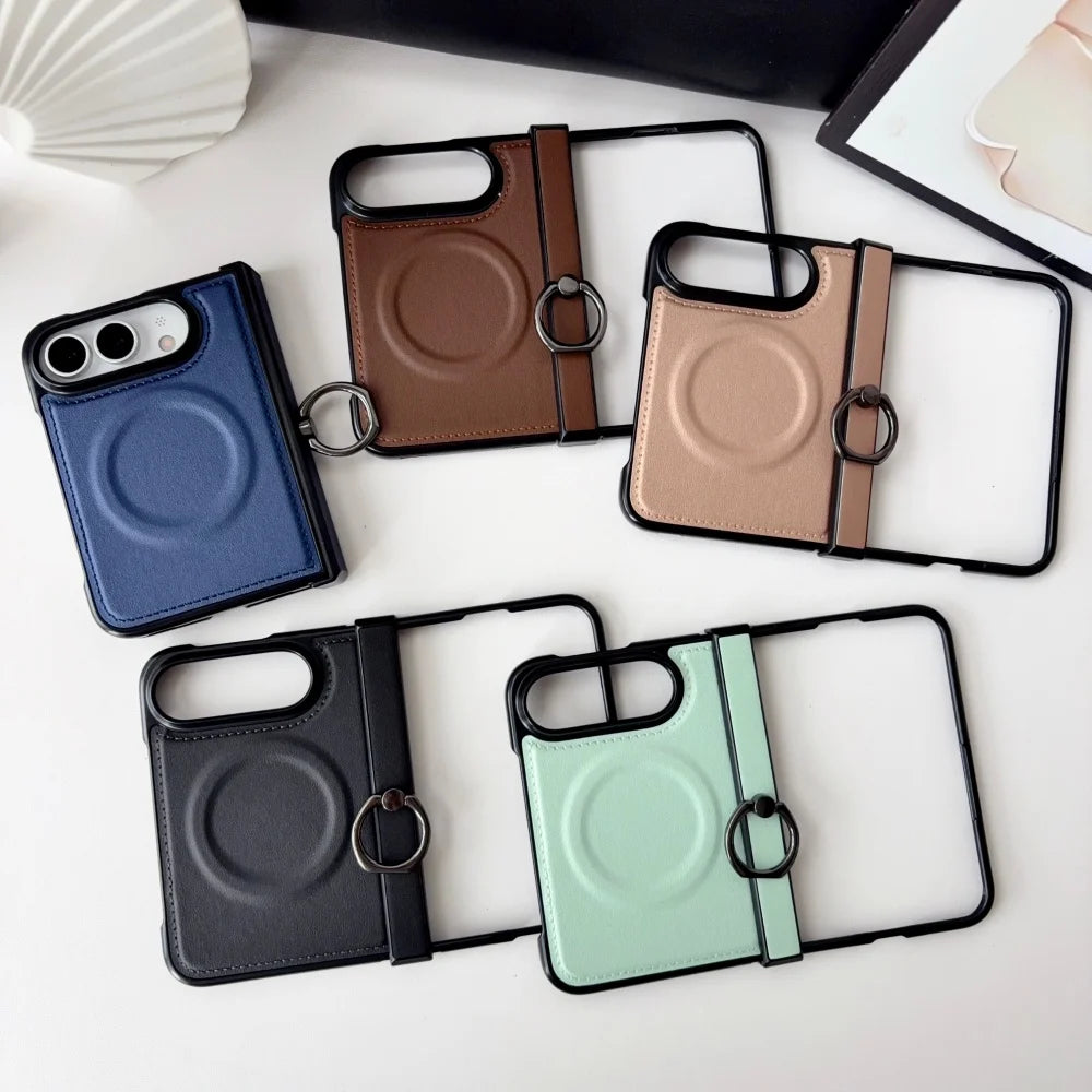 Retro PU Leather Ring Holder Bracket For Magsafe Magnetic Case For iPhone Duo duo Fold Hinge Protection Shockproof Back Cover