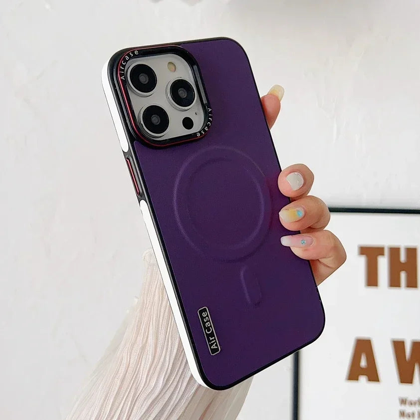 Business Double Color Leather for Magsafe Case for iPhone 12 13 14 15 Pro Max Magnetic Mat Soft Shockproof Cover for iPhone 16