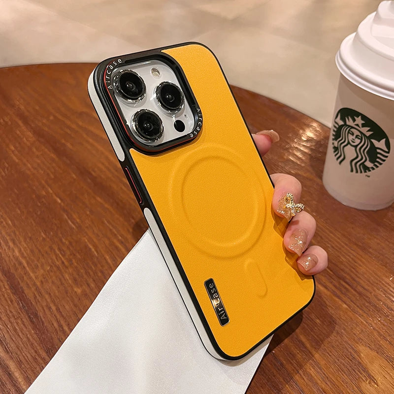 Luxury Matte Leather Magnetic For Magsafe Phone Case For iPhone 16 15 17 Pro Max Air 14 13 12 Wireless Charging Shockproof Cover