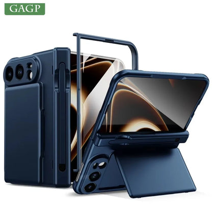 Luxury  S Pen Wallet Card Slot Bracket Holder Case For iPhone Duo 18 Fold Hinge Protect Screen Glass Film Shockproof Hard Cover