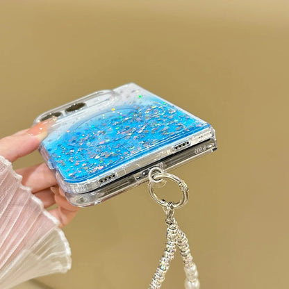 Luxury Gradient Glitter Sequins Pearl Wristband Bracelet For Magsafe Case For iPhone Duo Clear Wireless Charge Shockproof Cover
