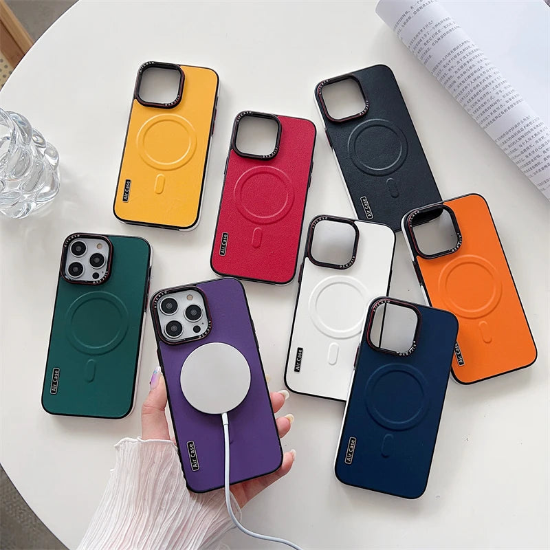 Plain Leather Magnetic MagSafe Wireless Charge Phone Case for iPhone 15 16 Pro Max 14 13 12 11 Pro Shockproof Soft Bumper Cover