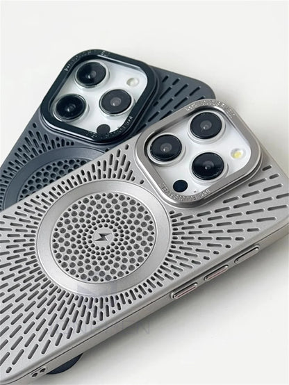 Luxury Heat Dissipation Hollow For Magsafe Case For iPhone 15 14 13 12 16 Pro Max Titanium Magnetic Wireless Charge Hard Cover