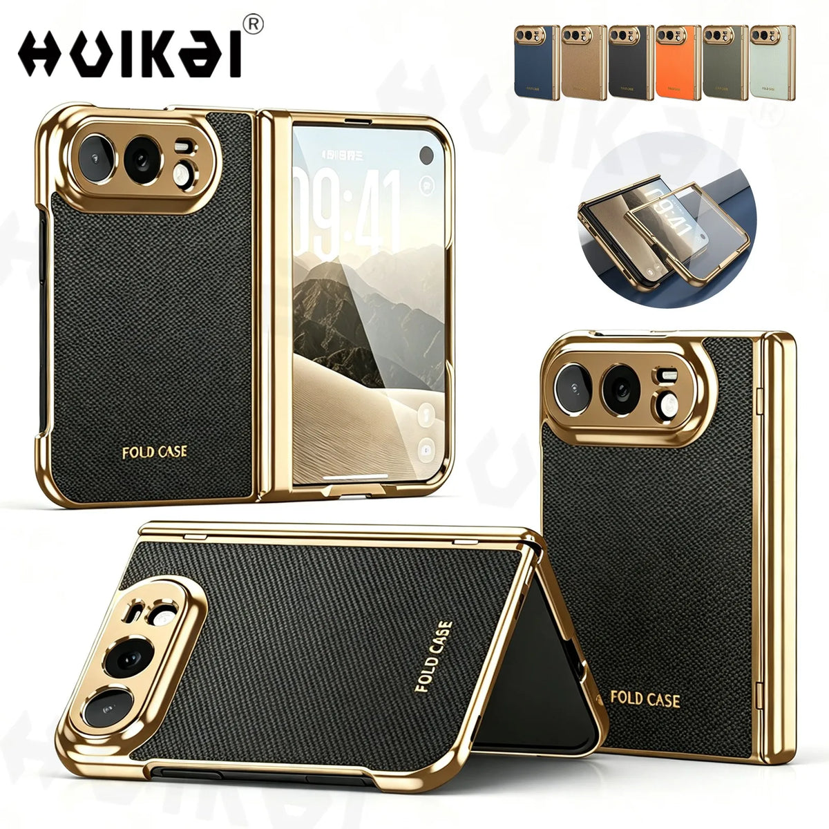 Case For iPhone Duo Luxuxy PU Leather Fold Phone Plating Hard PC Shockproof Back Cover Built-in Hinge HD Screen Protector Cover