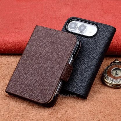 Premium Cowhide Leather Hand-sewn Flip Case for iPhone Duo Business Full Cover