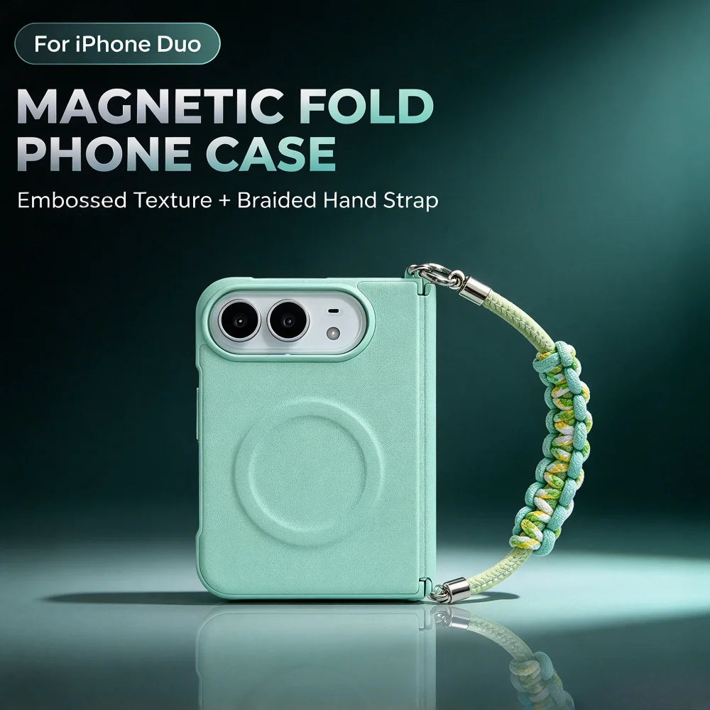Fashion Macaron Candy Color Lychee Leather Texture Case for iPhone Duo 18 Fold for Magsafe Hand Braided Wriststrap Protect Cover