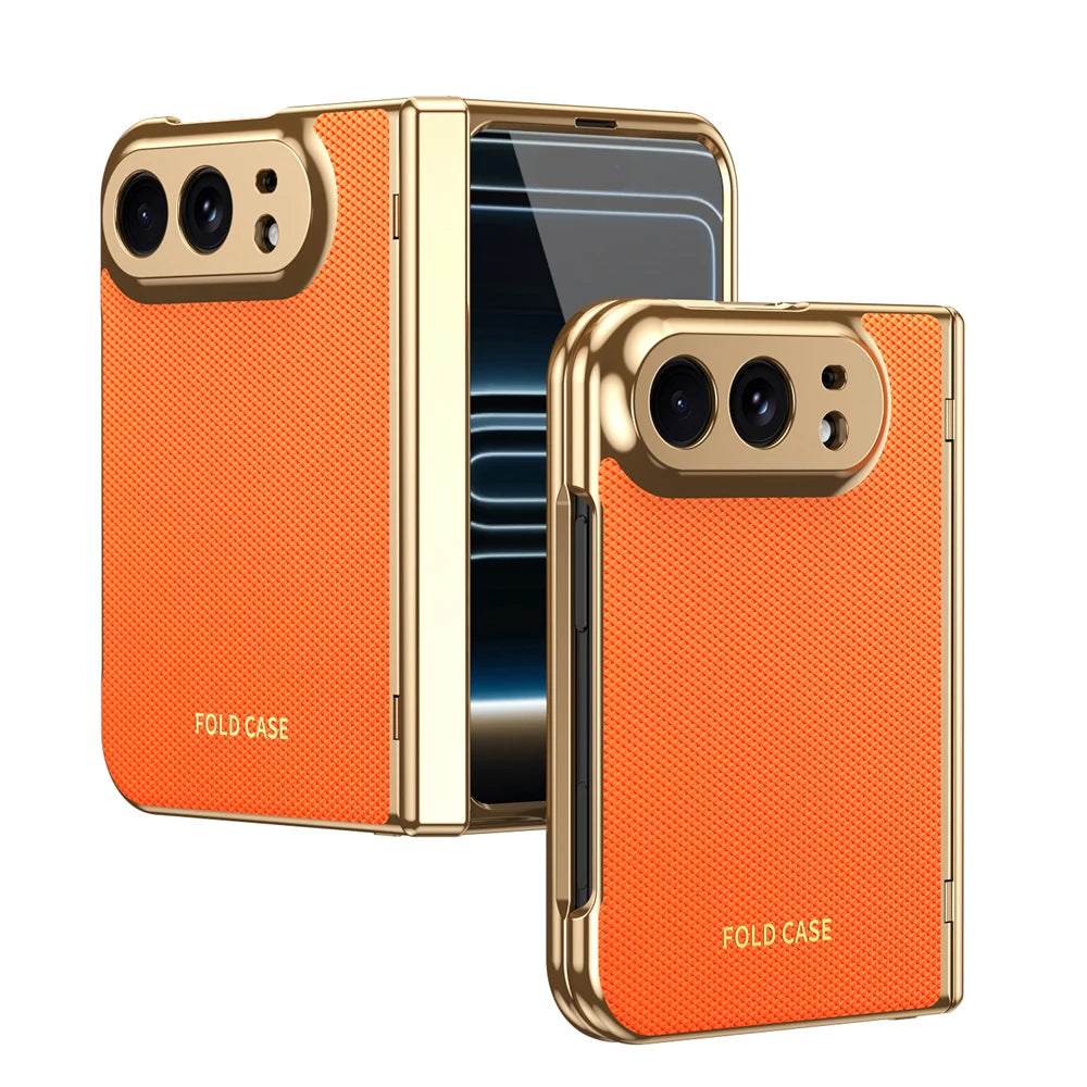 KEYSION Luxuxy PU Leather Fold Phone Case for iPhone Ultra Duo Plating PC Shockproof Back Cover With Hinge+HD Screen Protector
