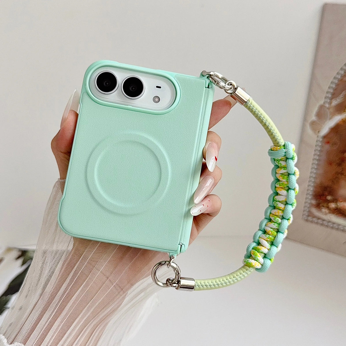 Fashion Macaron Candy Color Lychee Leather Texture Case for iPhone Duo 18 Fold for Magsafe Hand Braided Wriststrap Protect Cover