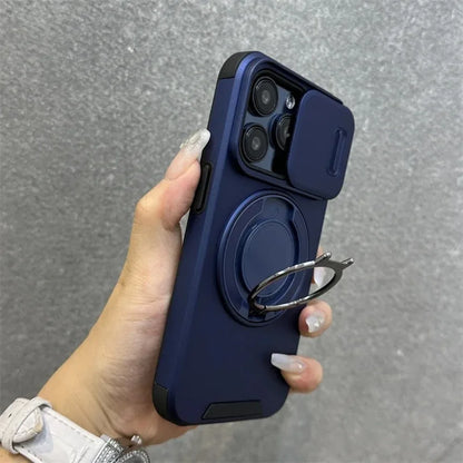 Heavy-Duty Rugged Armor Magnetic Bracket Phone Case For iPhone 17 16 Plus 15 14 13 12 11 Pro Max Slide Camera Protection Cover