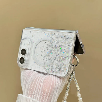 Luxury Gradient Glitter Sequins Pearl Wristband Bracelet For Magsafe Case For iPhone Duo Clear Wireless Charge Shockproof Cover