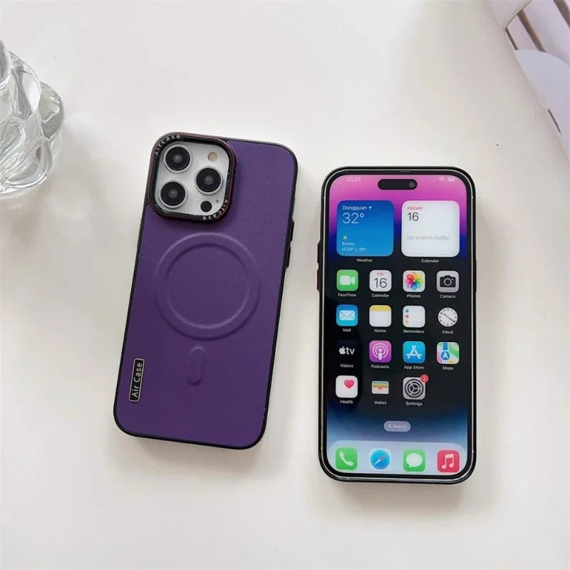 Luxury PU Leather Magnetic PC Frame Phone Cover For iPhone 17 Pro Max 16 15 14 13 12 Air For Magsafe Shockproof Protective Cover